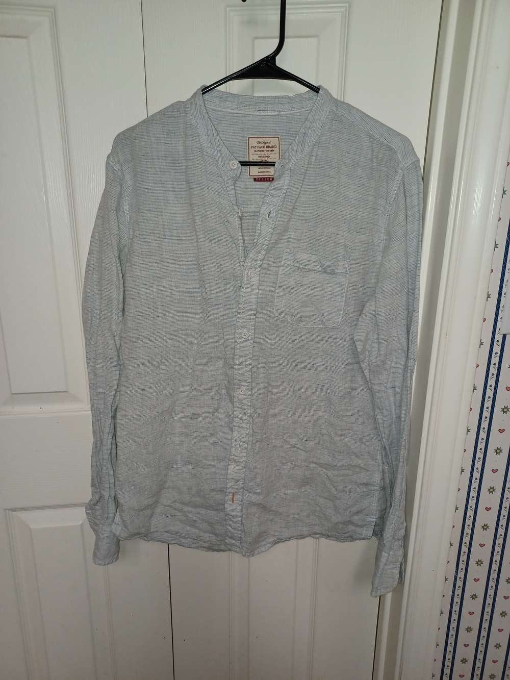 Fat Face Pale Blue Linen-Blend Men's Band Collar Shirt